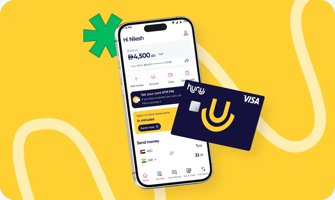 Huru app home screen beside a Huru Visa card