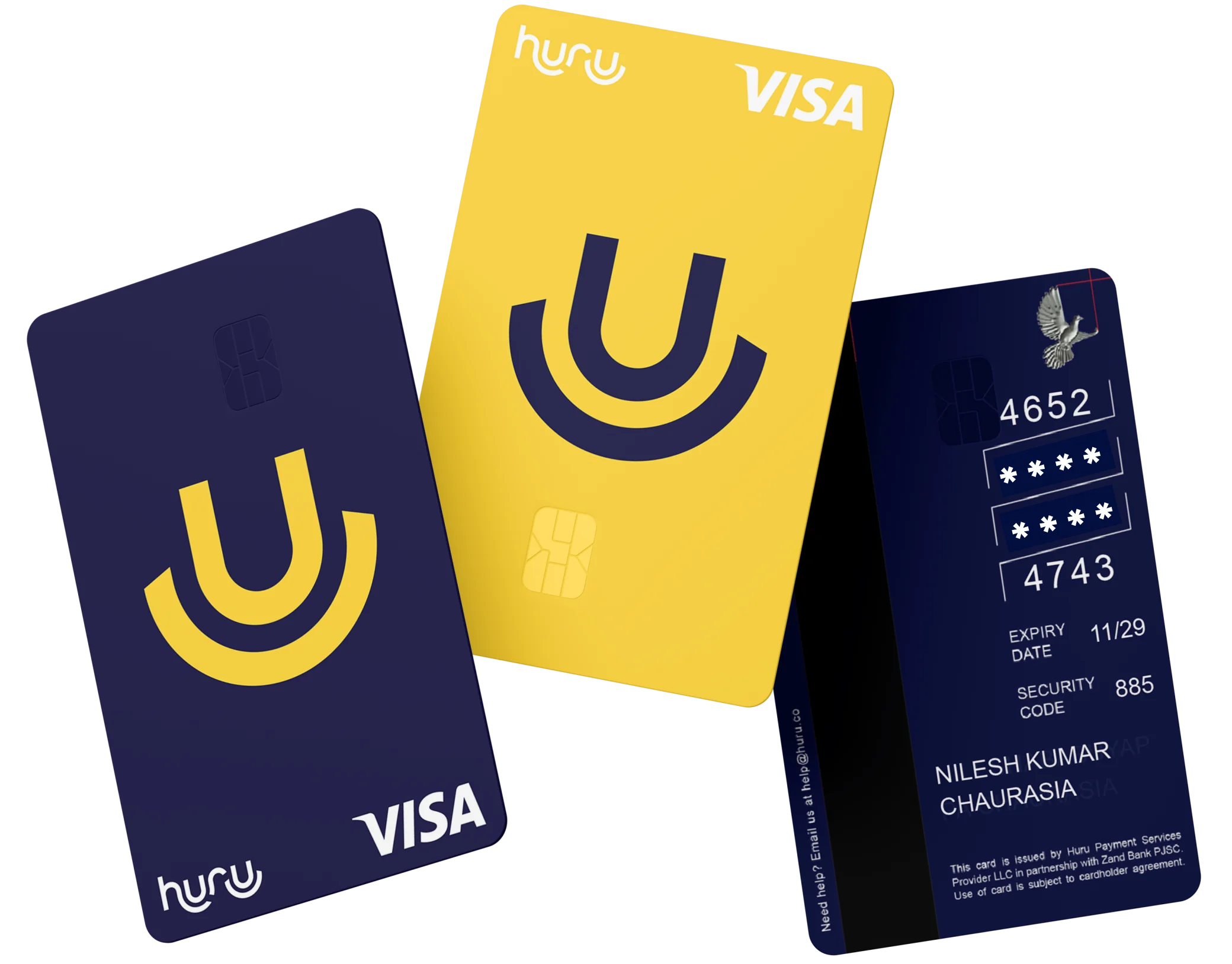 Huru Visa prepaid cards in navy and yellow, front and back