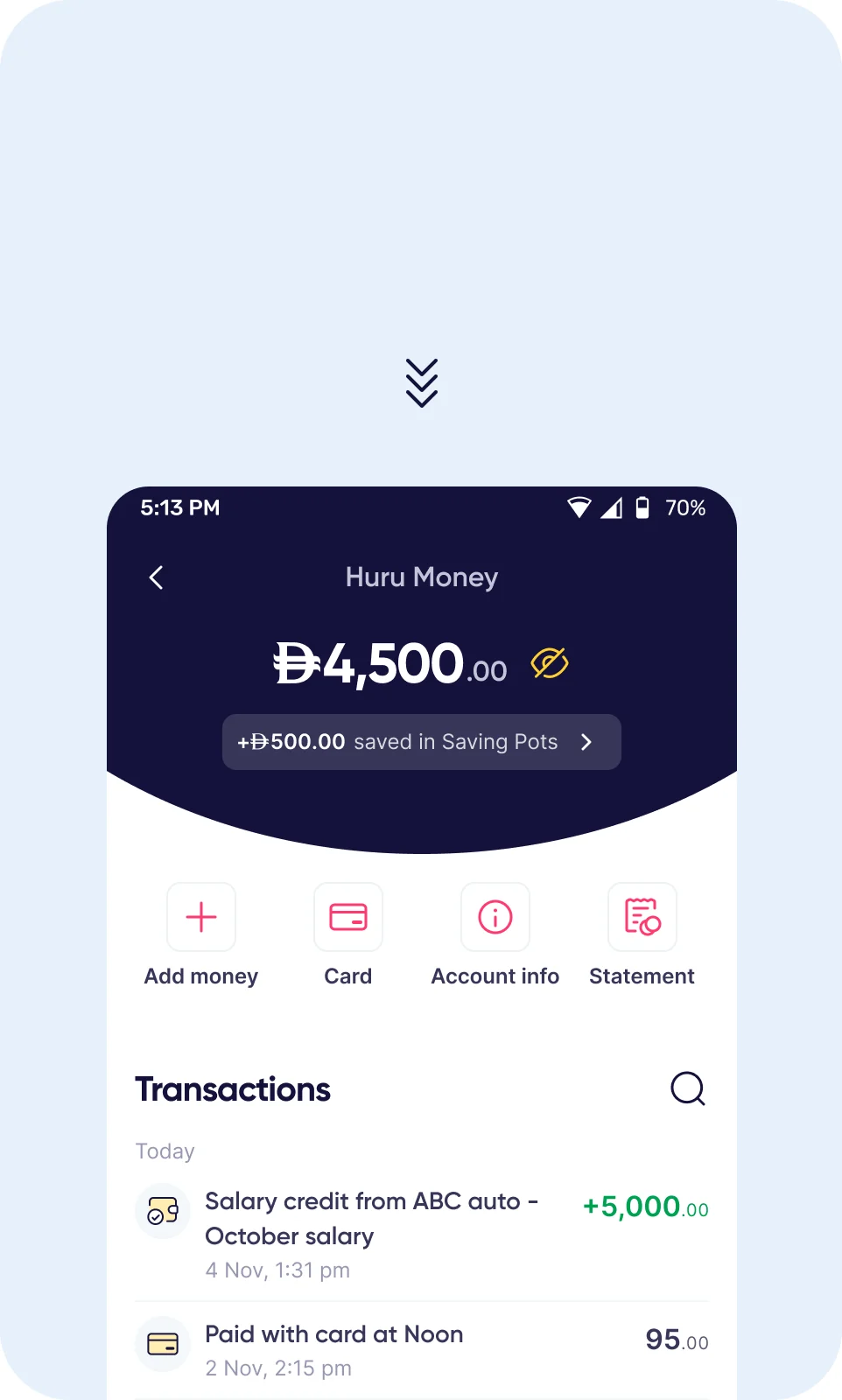 Huru app home screen showing an AED 4,500 balance and recent transactions