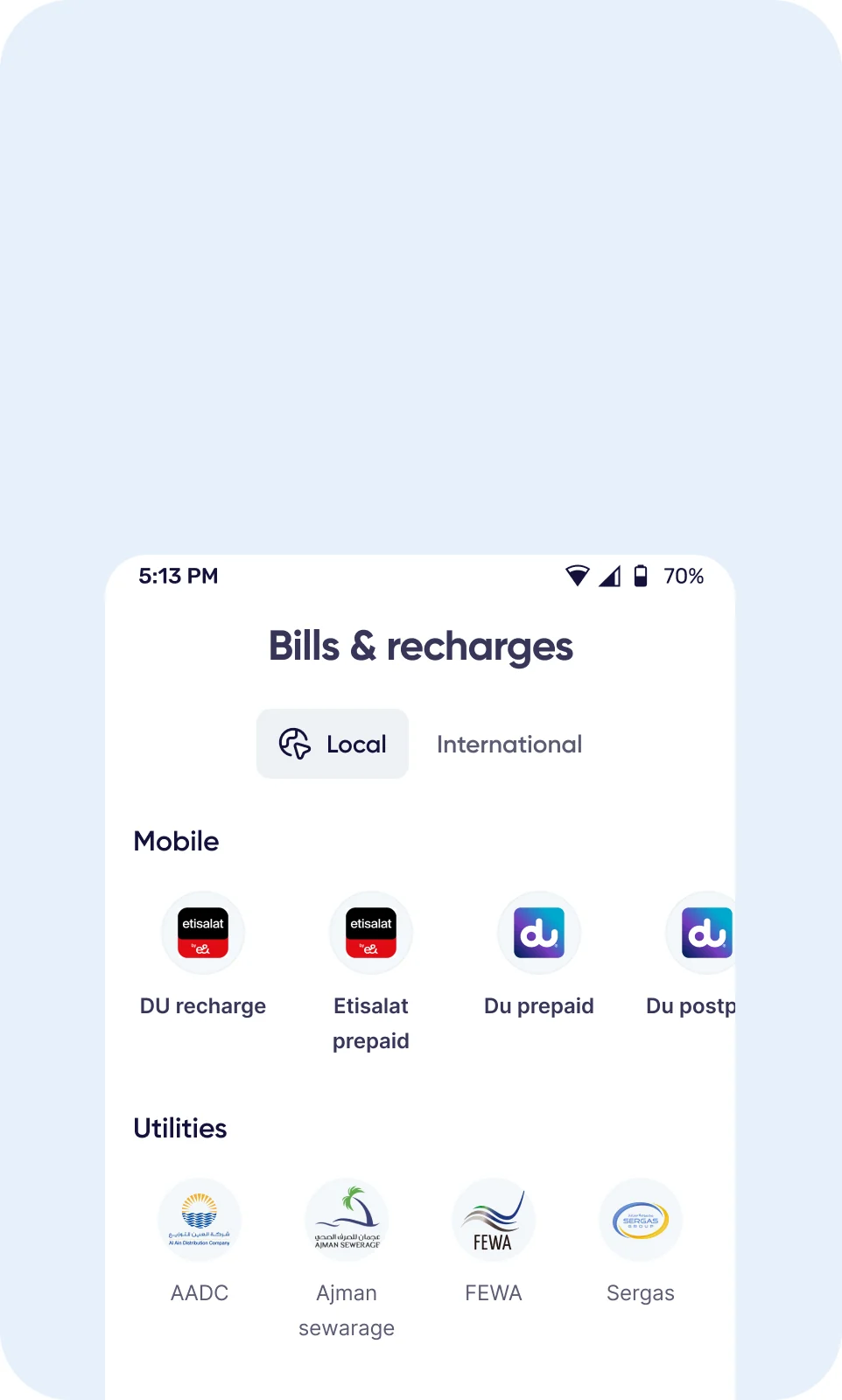Huru app bill payments screen