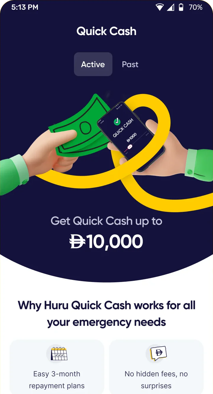 شاشة Quick Cash في تطبيق Huru: نقد للحالات الطارئة يُسدَّد على أقساط شهرية