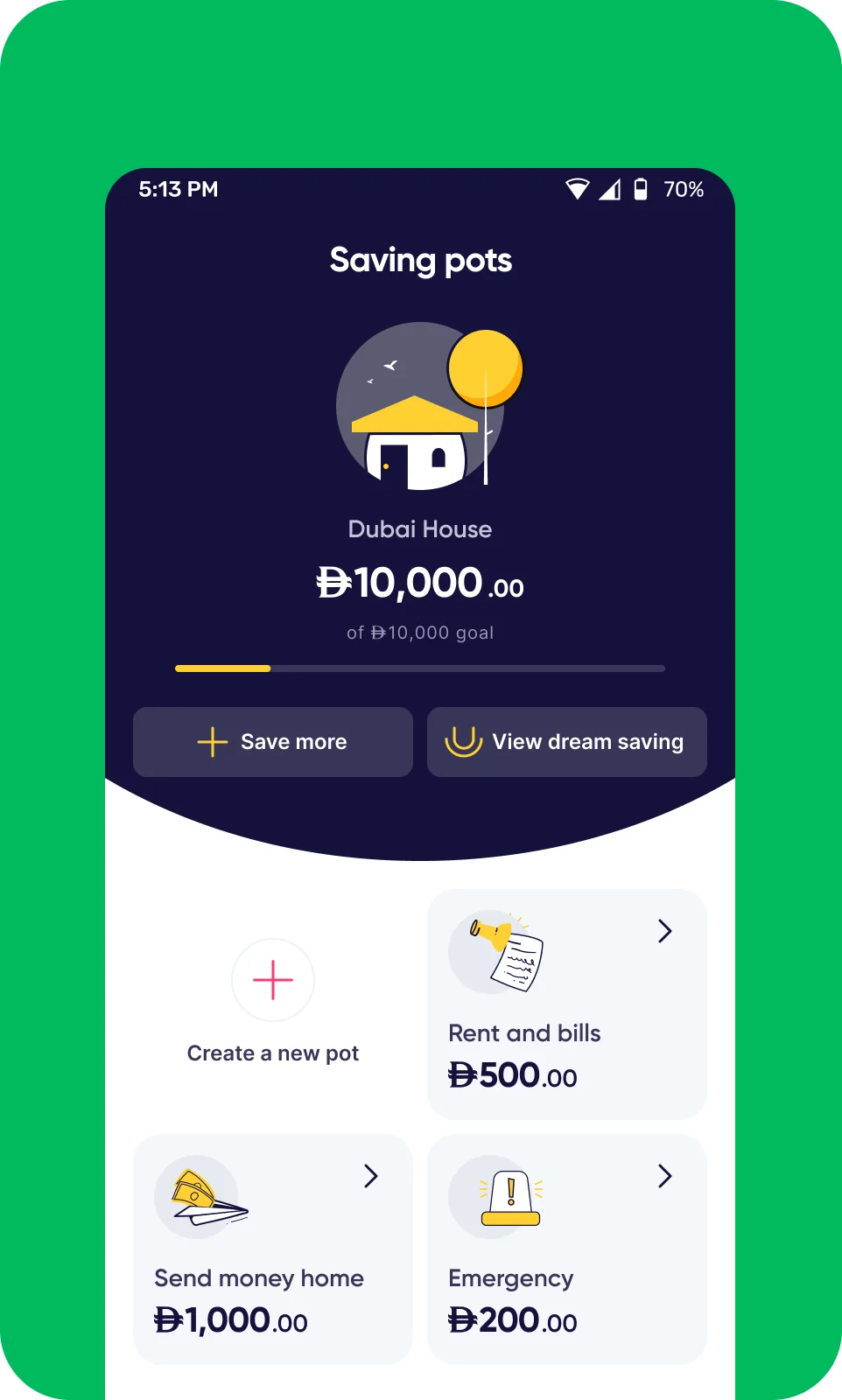 Huru app Saving Pots screen