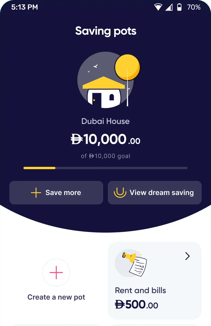 شاشة Saving Pots في تطبيق Huru: أهداف ادخار لبيت في دبي وللإيجار والفواتير، وزر لبدء هدف جديد