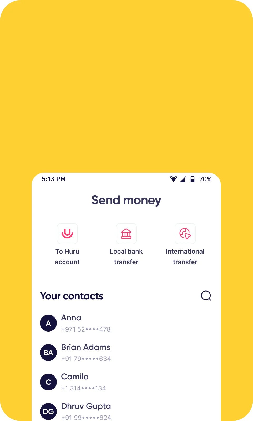 Huru app send-money screen