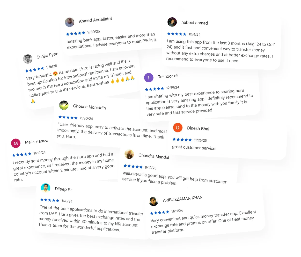 Five-star Google Play reviews of the Huru app
