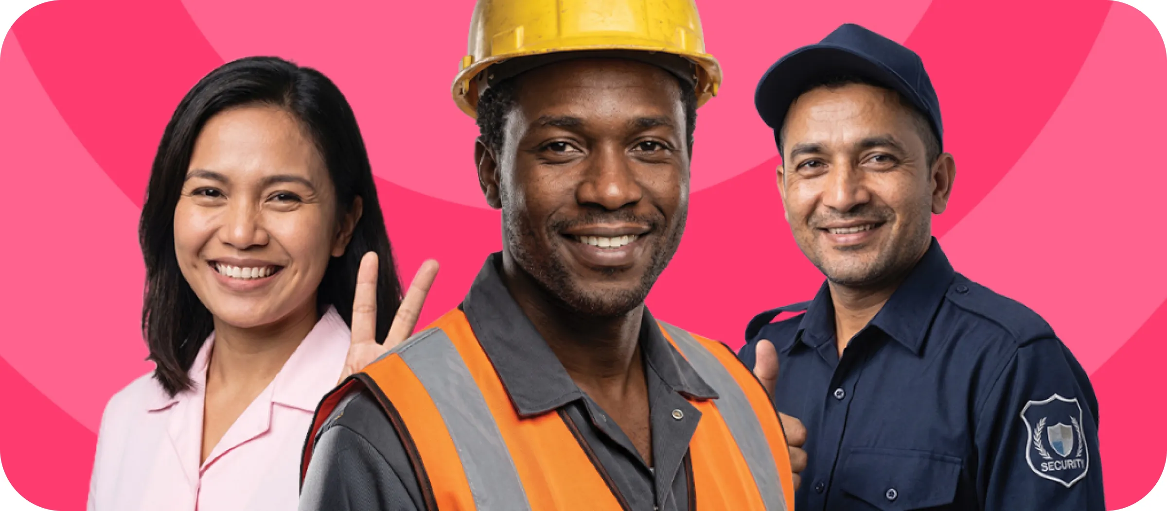 Three smiling workers: an office employee, a construction worker in a hard hat and a security guard