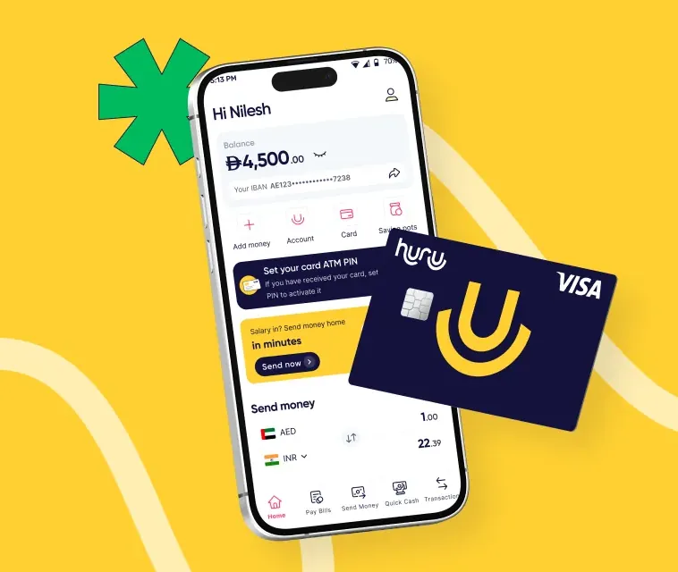The Huru app on a phone, beside a Huru Visa card