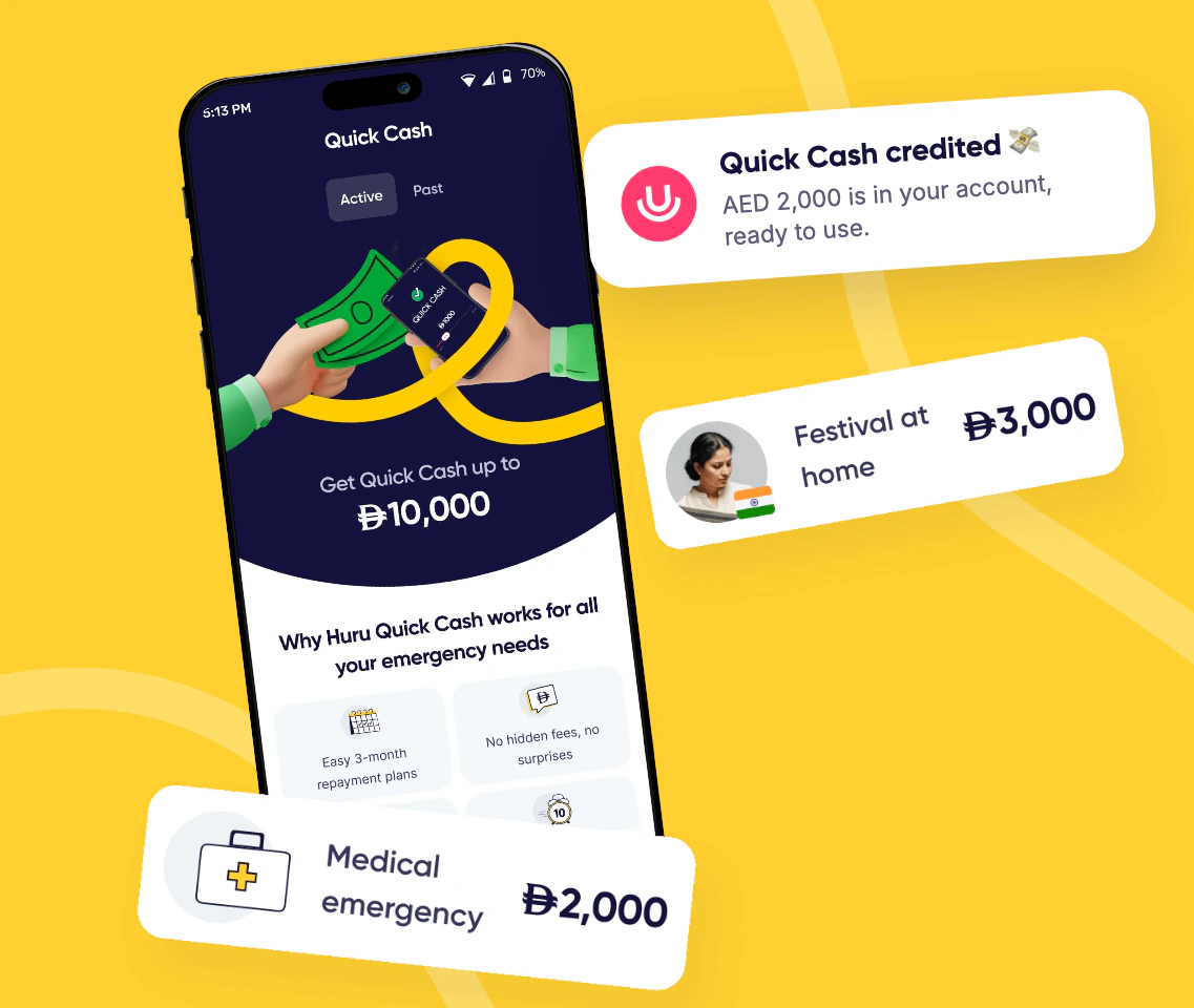 The Huru app’s Quick Cash screen, beside a notification that AED 2,000 has been credited and cards for a medical emergency and a festival at home
