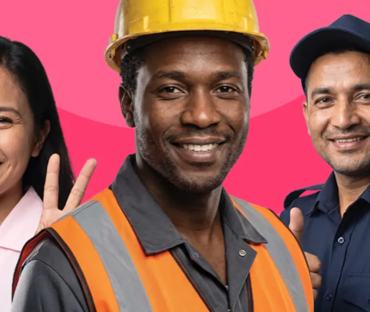 Huru customers: a construction worker in a hard hat, with an office worker and a security guard
